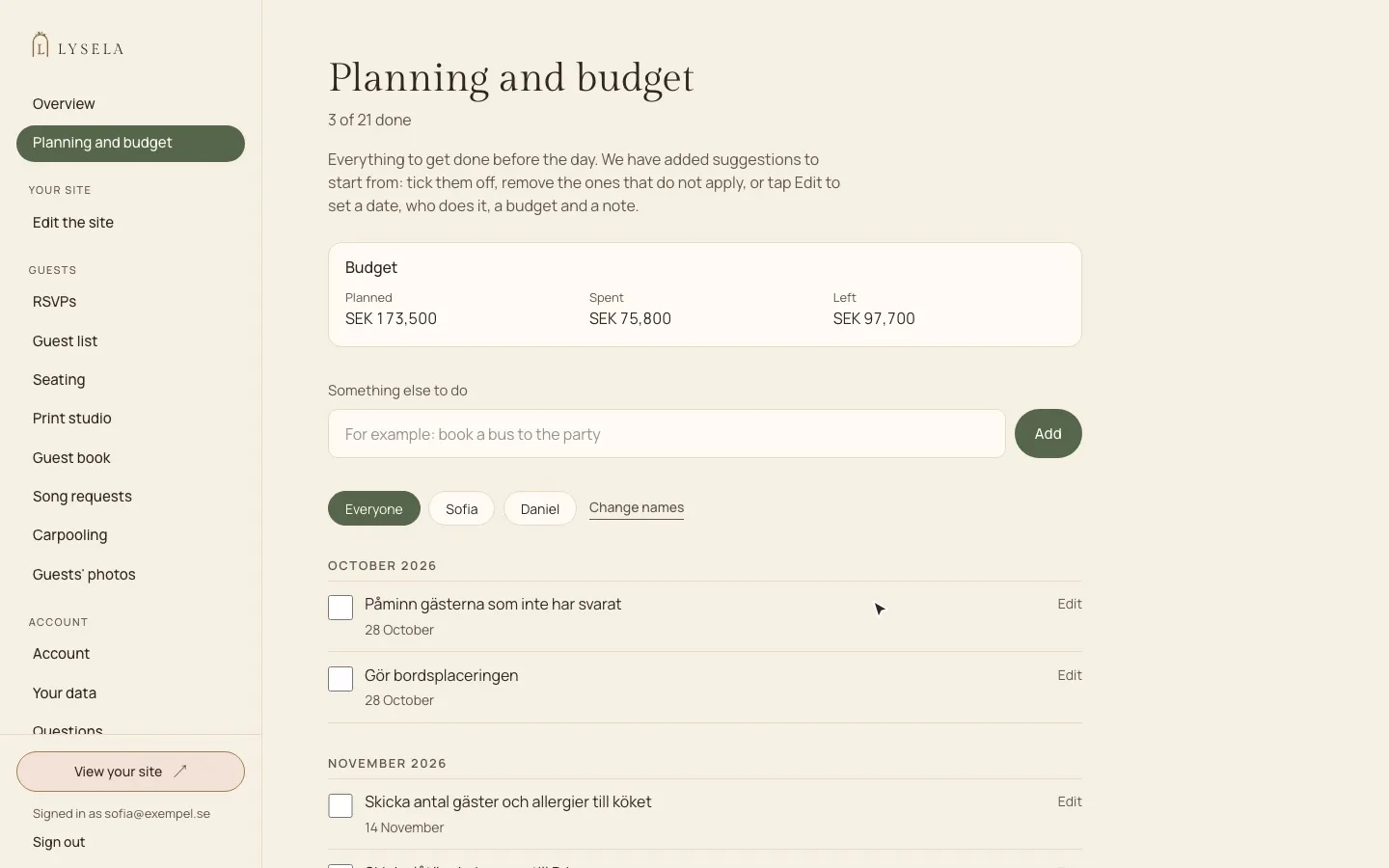 Lysela, Planning and budget in the admin: the budget with planned, paid and left at the top, and below it the list of things to do, sorted by month.