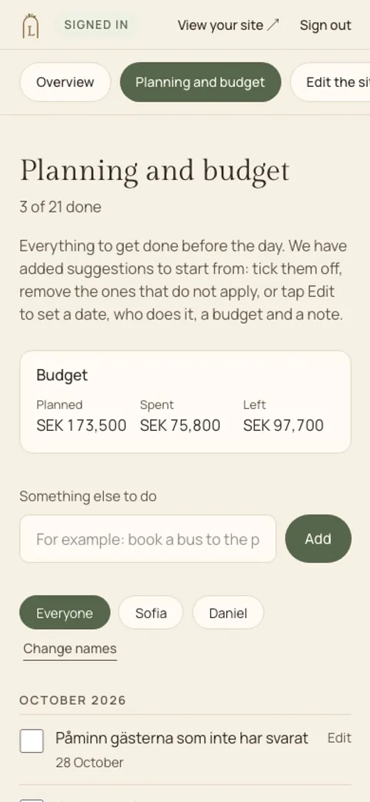 Lysela, Planning and budget in the admin on a phone: 3 of 21 done, the budget with planned, paid and left, and the list of things to do before the day.