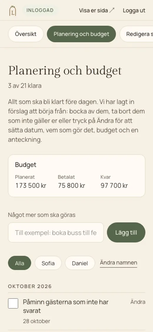 Lysela, Planering och budget i admin i mobilen: 3 av 21 klara, budgeten med planerat, betalat och kvar, och listan med det som ska göras före dagen.