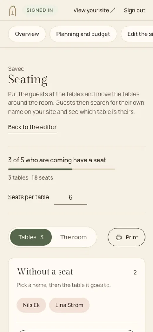 Lysela, the seating plan in the admin on a phone: how many guests have a seat, the number of tables and seats per table, and guests who do not have a seat yet.