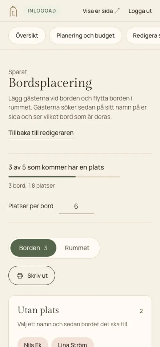 Lysela, Bordsplacering i admin i mobilen: hur många av gästerna som har en plats, antal bord och platser per bord, och gäster som ännu inte har en plats.