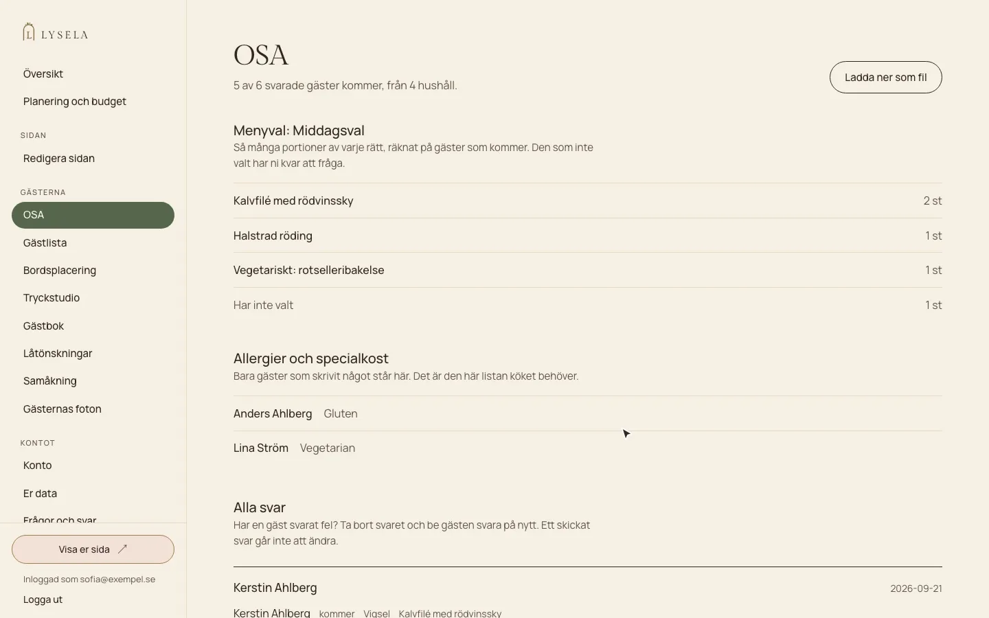 Lysela, sidan OSA i admin: hur många som kommer, menyval med antal portioner och en lista med gästernas allergier och specialkost.