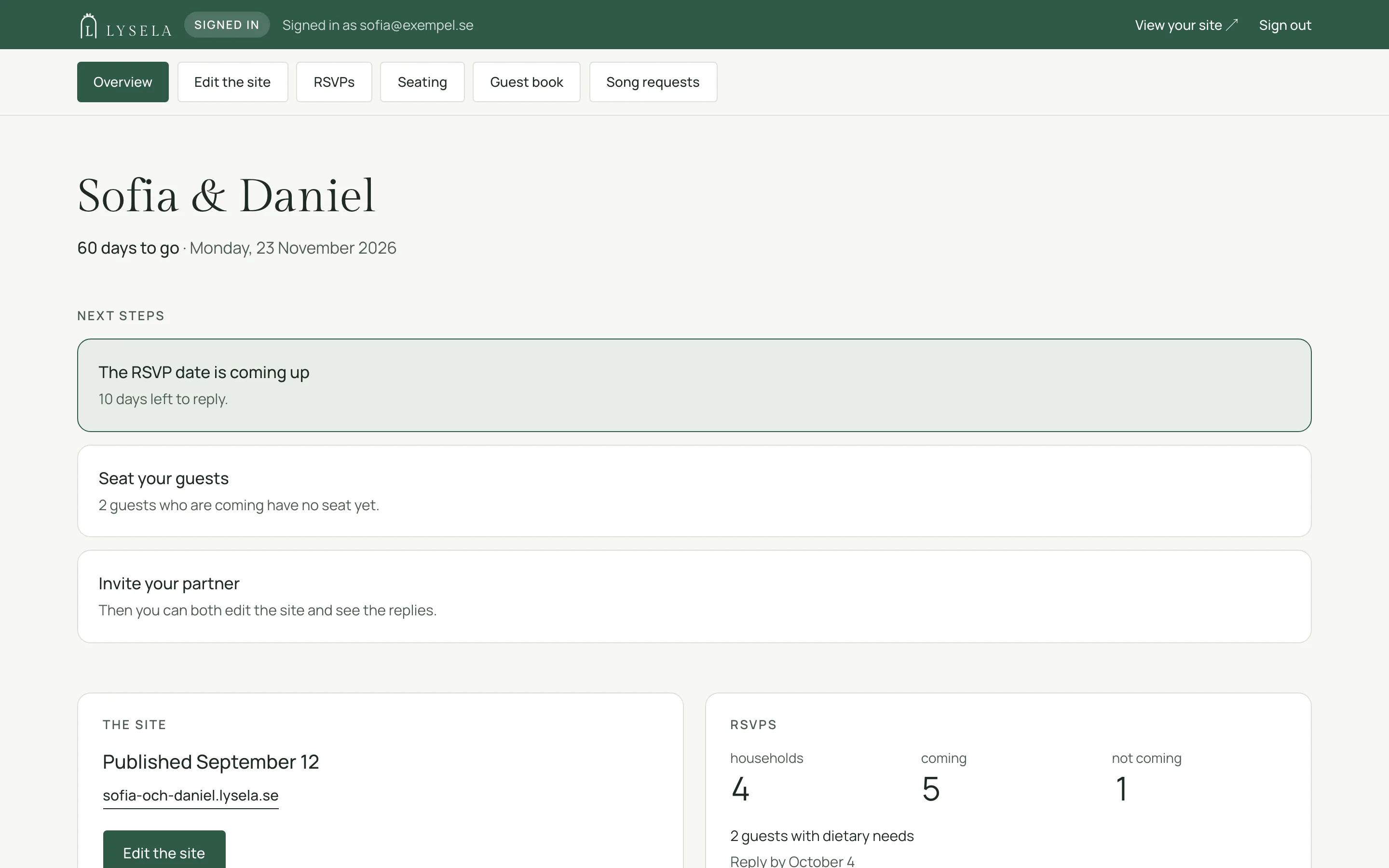 The overview for an example couple: days to the wedding, next steps and the number of replies.