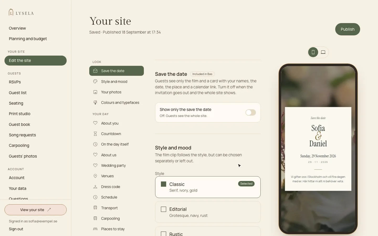 Lysela, Edit your site in the admin: on the left the parts Save the date, Style and mood, Dress code and Schedule, on the right a preview of the site on a phone.