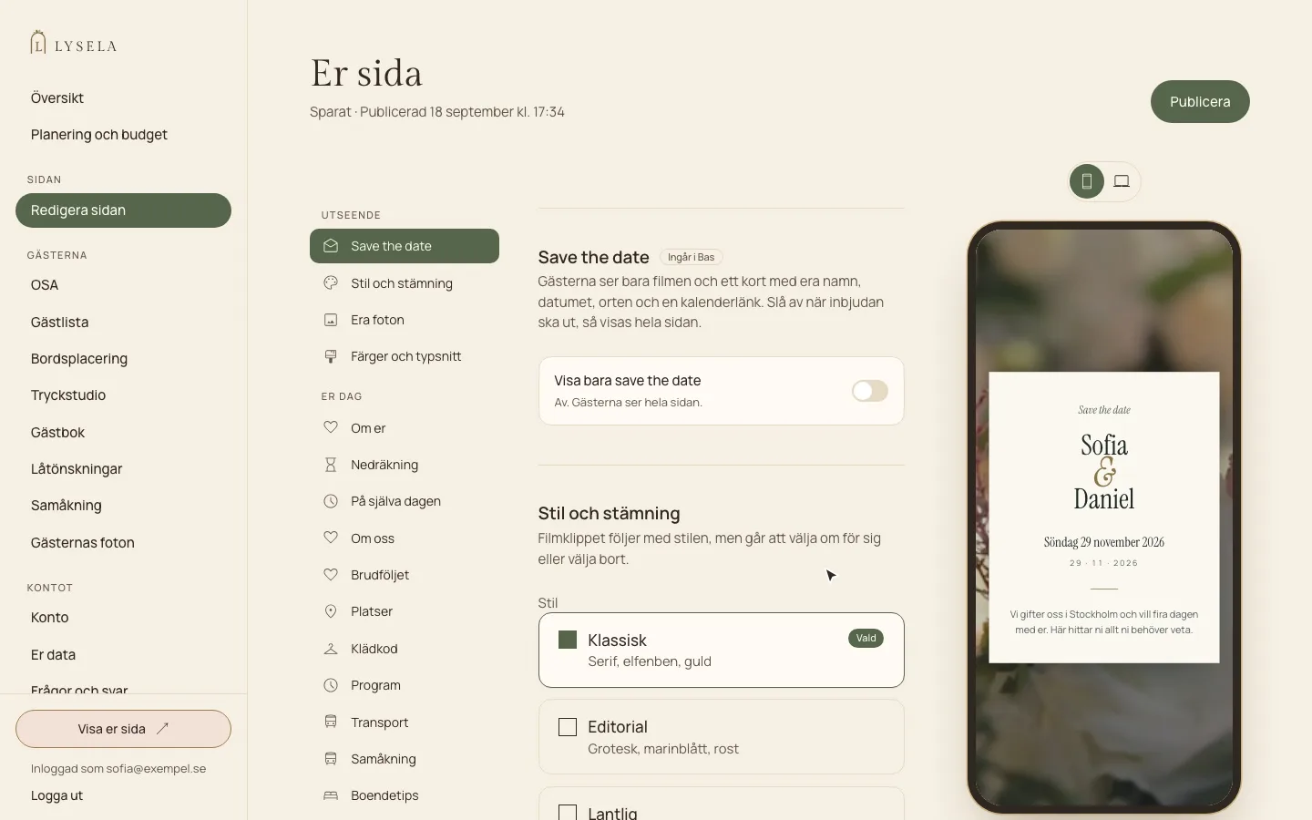 Lysela, Redigera sidan i admin: till vänster delarna Save the date, Stil och stämning, Klädkod och Program, till höger en förhandsvisning av sidan i mobilen.