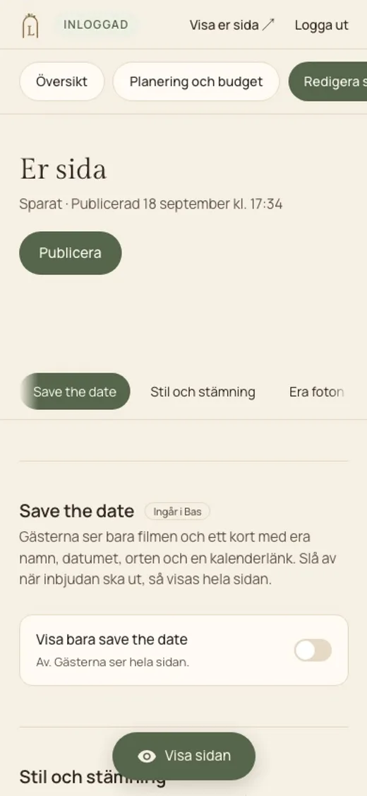 Lysela, Er sida i admin i mobilen: knappen Publicera och delen Save the date, där paret fyller i det gästerna ser på bröllopssidan.