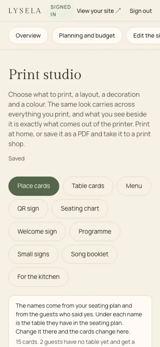 The print studio in Lysela's admin on a phone: a choice of place cards, table signs, menu, QR sign, seating chart, welcome sign, programme, small signs, song booklet and a list for the kitchen.