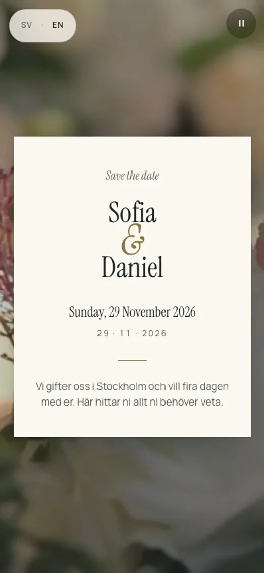A wedding website on a phone showing the invitation: the names Sofia and Daniel, the date and the town, and a short note to guests.