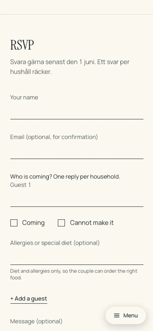 The RSVP form on a wedding website on a phone: the reply deadline, name, who in the household is coming, allergies or dietary needs and a message to the couple.