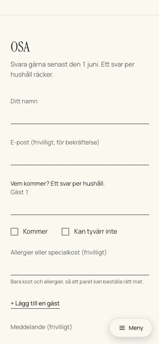 OSA-formuläret på en bröllopssida i mobilen: sista svarsdag, namn, vem som kommer i hushållet, allergier eller specialkost och ett meddelande till paret.