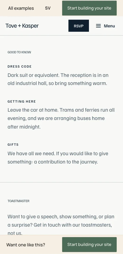 Good to know on Tove + Kasper's wedding website: dress, getting there and presents, a heading and a line for each.