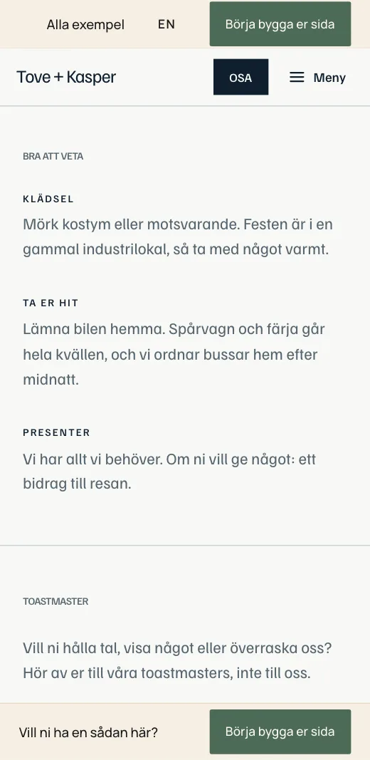 Bra att veta på Tove + Kaspers bröllopssida: klädsel, hur gästerna tar sig dit och presenter, en rubrik och en rad för varje.