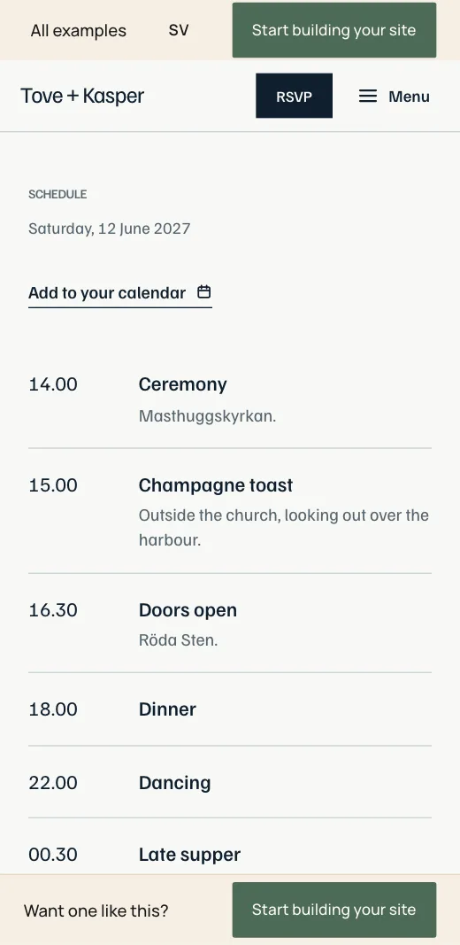 The programme on Tove + Kasper's wedding website: ceremony, toast, doors open, dinner and dancing with times.