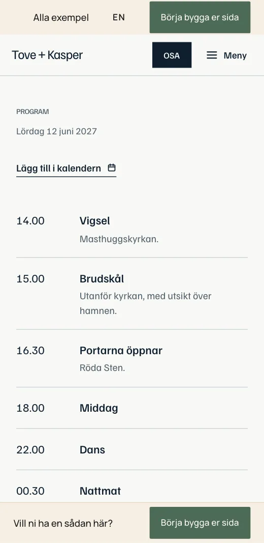 Programmet på Tove + Kaspers bröllopssida: vigsel, brudskål, porten öppnar, middag och dans med tider.