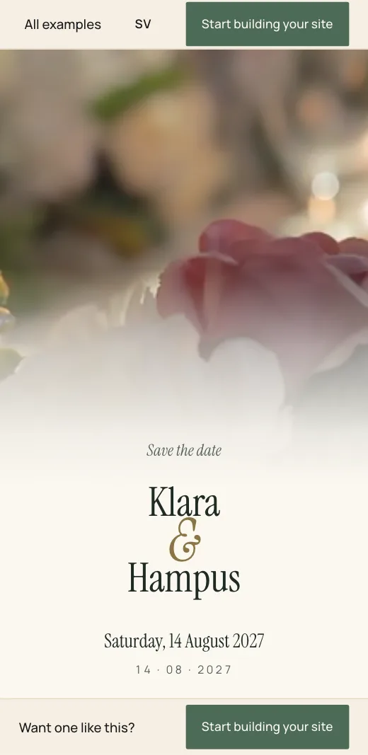 The top of Klara & Hampus's wedding website: white roses in the film behind the names and the date.