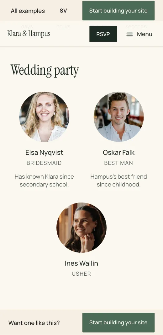 The bridal party on Klara & Hampus's wedding website: Elsa Nyqvist, bridesmaid, Oskar Falk, best man, and Ines Wallin, usher, each with a photo and a line.