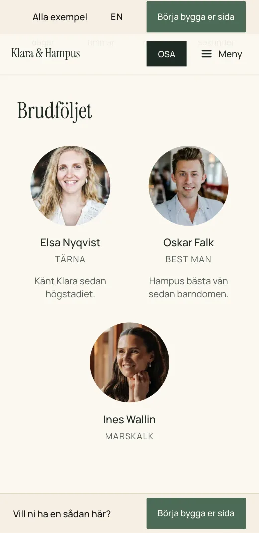 Brudföljet på Klara & Hampus bröllopssida: Elsa Nyqvist, tärna, Oskar Falk, best man, och Ines Wallin, marskalk, med foto och en rad om var och en.