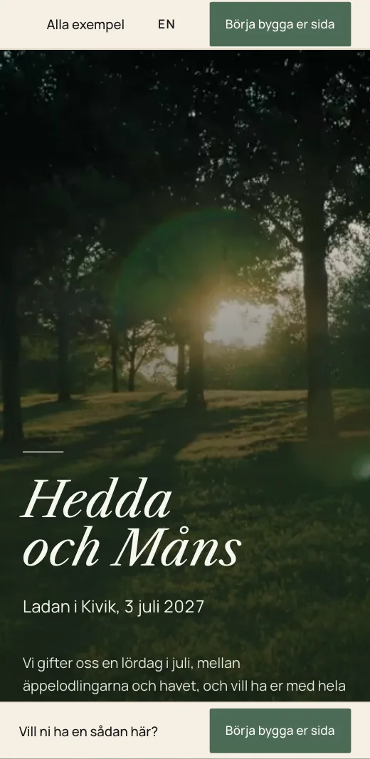 Starten på Hedda och Måns bröllopssida i stilen Lantlig: kvällssol mellan träden och namnen i skrivstil.