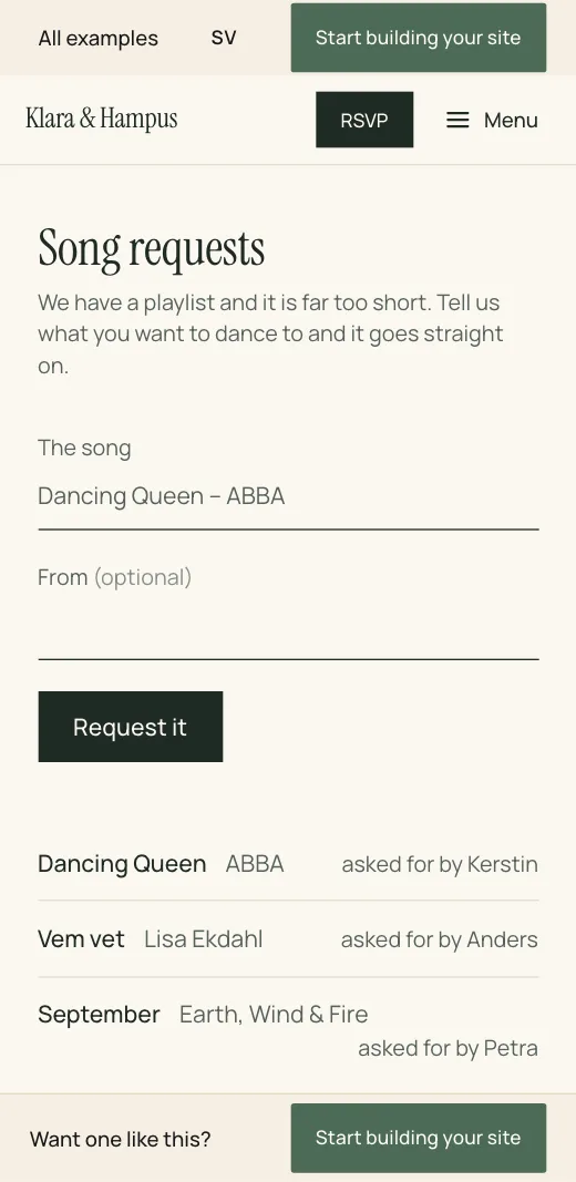 Song requests on Klara & Hampus's wedding website: requested songs with who asked for them, and fields for a new song.