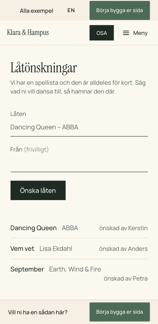 Låtönskningar på Klara & Hampus bröllopssida: önskade låtar med vem som önskat dem, och fält för en ny låt.