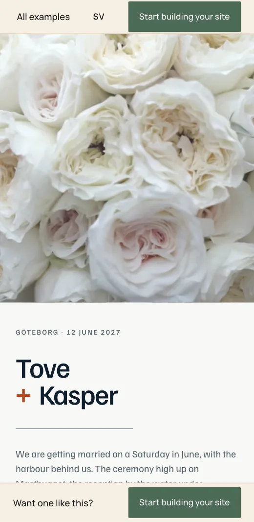 Tove + Kasper's save the date in the Gallery style: white roses in the film, the names and the date.