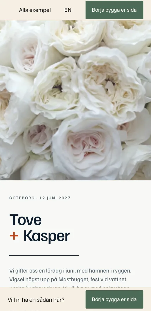 Tove + Kaspers save the date i stilen Galleri: vita rosor i filmen, namnen och datumet.