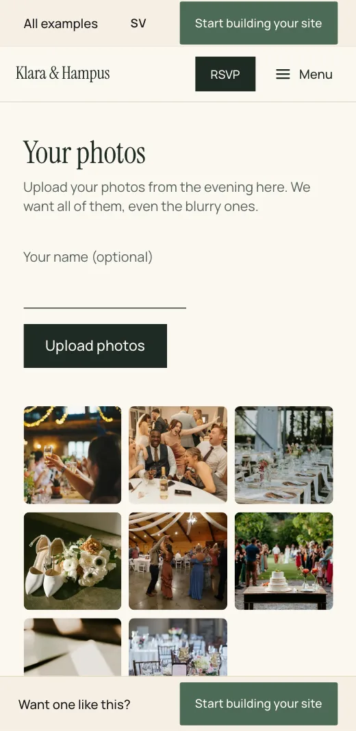 Your photos on Klara & Hampus's wedding website: the Upload photos button and guests' pictures from the party below.