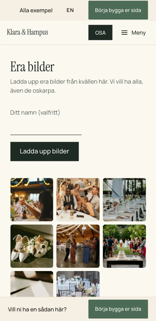 Era bilder på Klara & Hampus bröllopssida: knappen Ladda upp bilder och gästernas foton från festen under.
