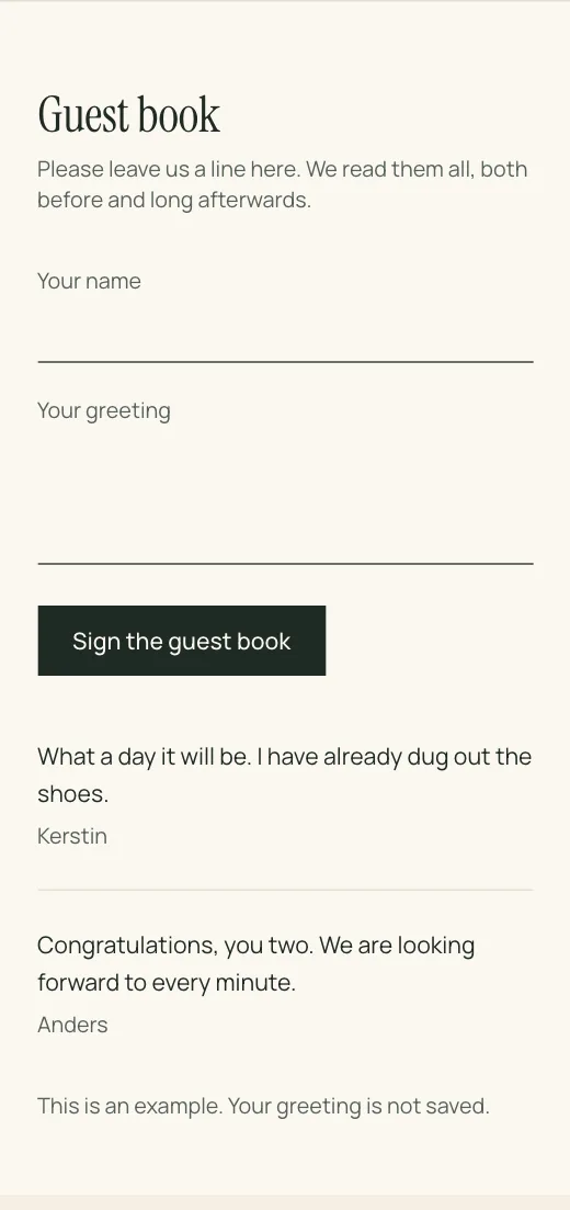 The guest book on a Lysela wedding website: fields for a name and a message, the Sign the guest book button, and greetings from Kerstin and Anders below the form.