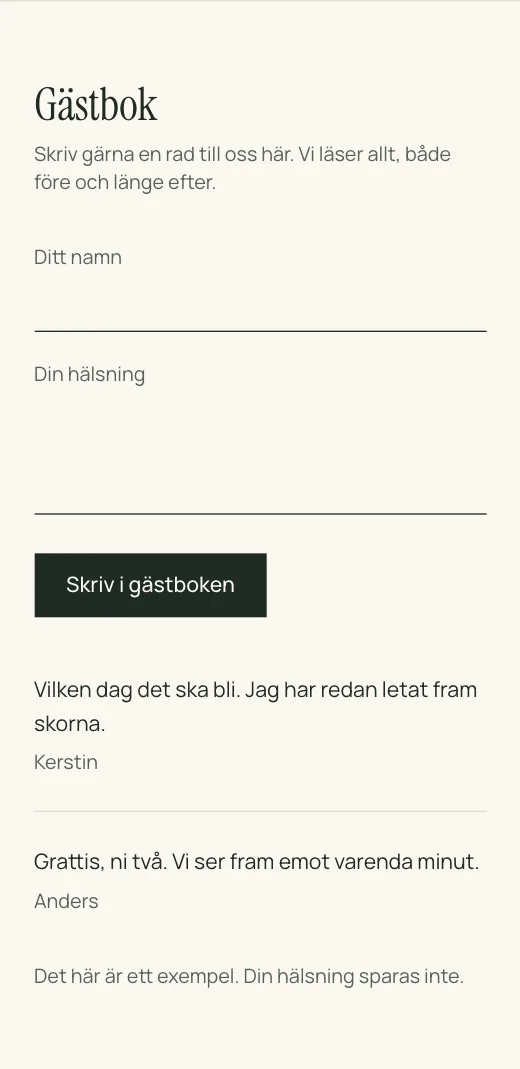 Gästboken på en bröllopssida från Lysela: fält för namn och hälsning, knappen Skriv i gästboken och hälsningar från Kerstin och Anders under formuläret.