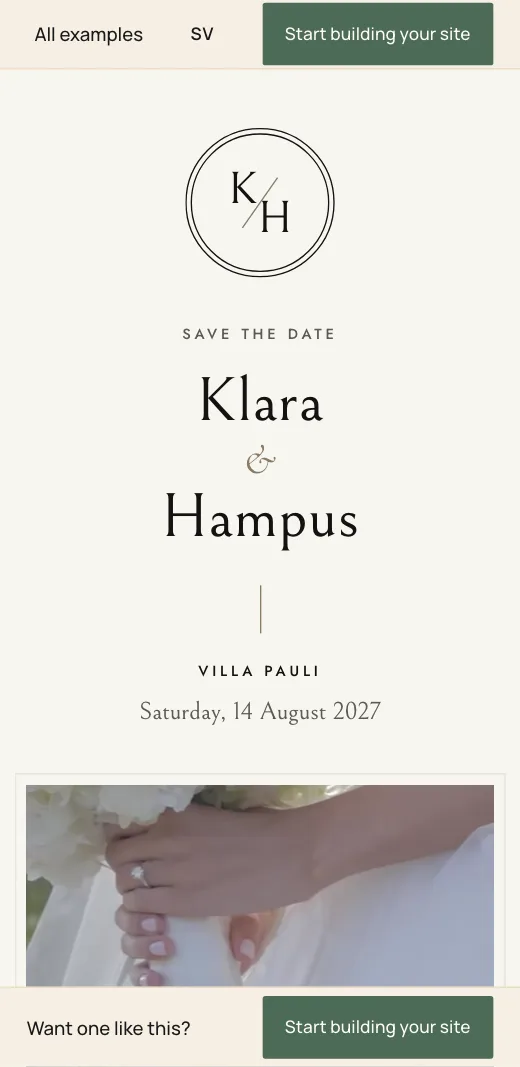 Klara & Hampus's save the date in the Engraved style: the monogram, the names and the date 14 August 2027.