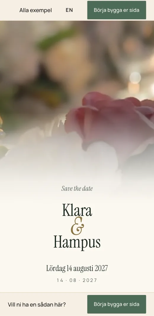 Klara & Hampus save the date i stilen Bohemisk: rosa blommor i filmen, namnen och datumet.