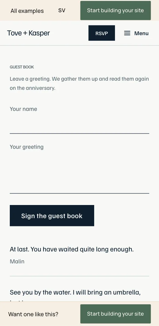 The guest book on Tove + Kasper's wedding website: fields for name and message and the Write in the guest book button.