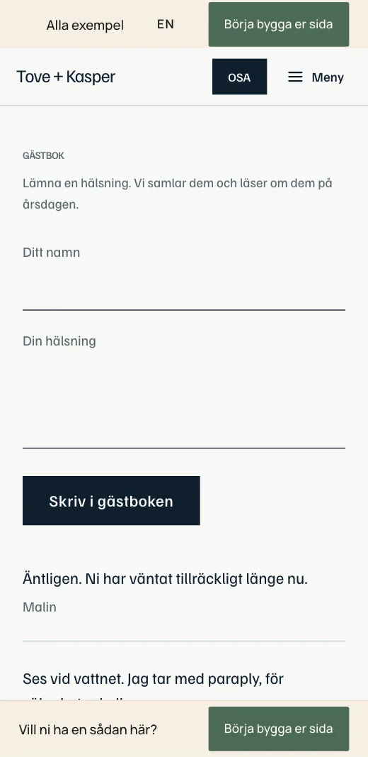 Gästboken på Tove + Kaspers bröllopssida: fält för namn och hälsning och knappen Skriv i gästboken.