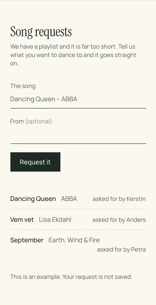 Song requests on a Lysela wedding website: a guest writes a song and their name, and below the form are the requests Dancing Queen, Vem vet and September.