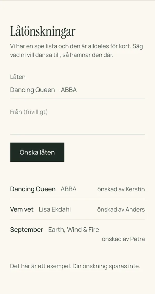 Låtönskningar på en bröllopssida från Lysela: gästen skriver en låt och sitt namn, och under formuläret syns önskningarna Dancing Queen, Vem vet och September.