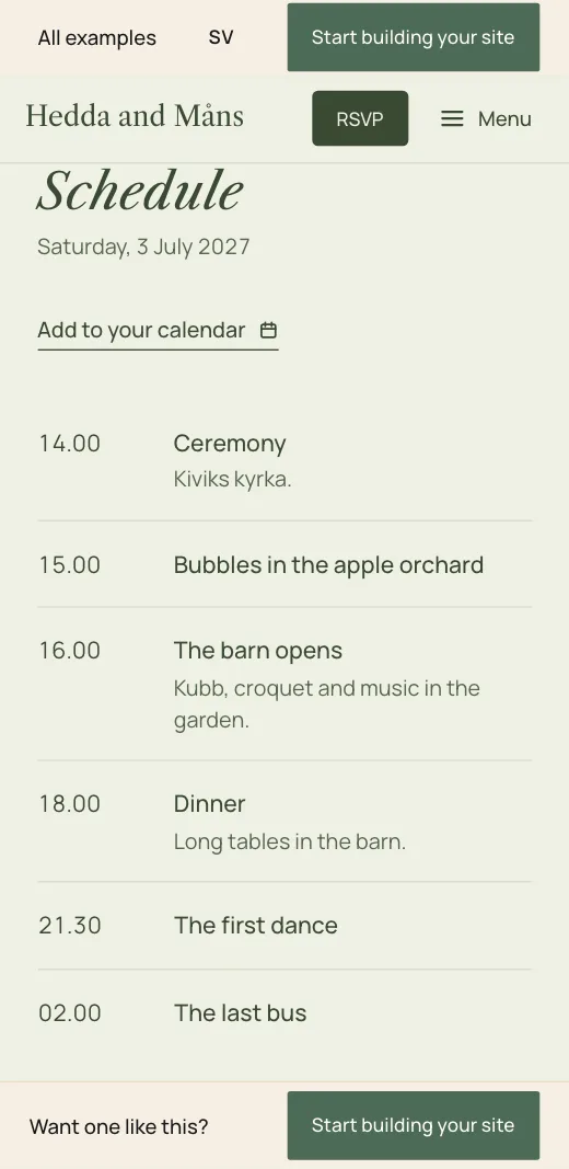 The programme on Hedda and Måns's wedding website: ceremony at 14.00, bubbles in the orchard, the barn opens, dinner, the first dance and the last bus.