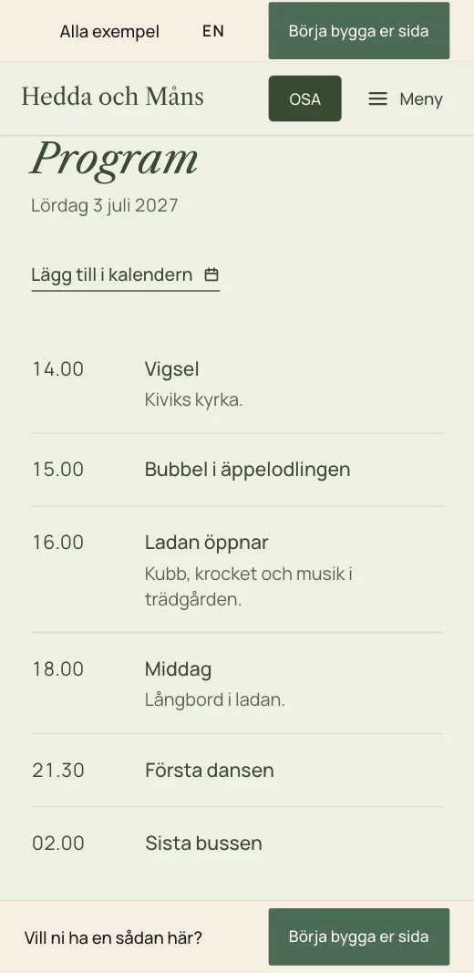 Programmet på Hedda och Måns bröllopssida: vigsel 14.00, bubbel i äppelodlingen, ladan öppnar, middag, första dansen och sista bussen.