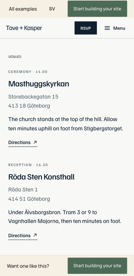 Places on Tove + Kasper's wedding website: Masthugget church and Röda Sten Konsthall with address, a line on getting there and directions.