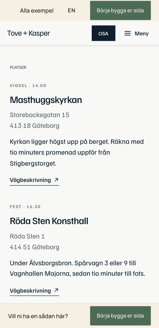 Platser på Tove + Kaspers bröllopssida: Masthuggskyrkan och Röda Sten Konsthall med adress, en rad om vägen dit och vägbeskrivning.