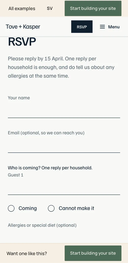 The RSVP on Tove + Kasper's wedding website: name, email, coming or cannot come, and the field for allergies.