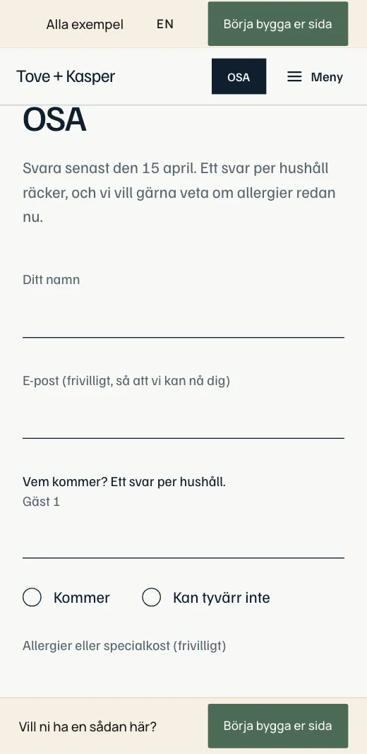 OSA på Tove + Kaspers bröllopssida: namn, e-post, kommer eller kan tyvärr inte och fältet för allergier.