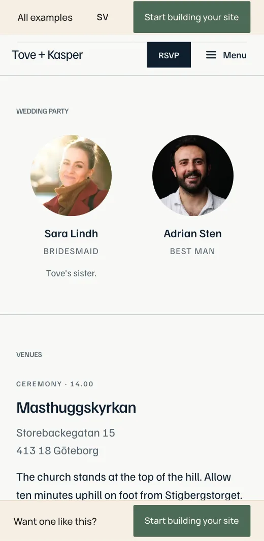 The bridal party on Tove + Kasper's wedding website: Sara Lindh and Adrian Stein with photo, role and a line each.