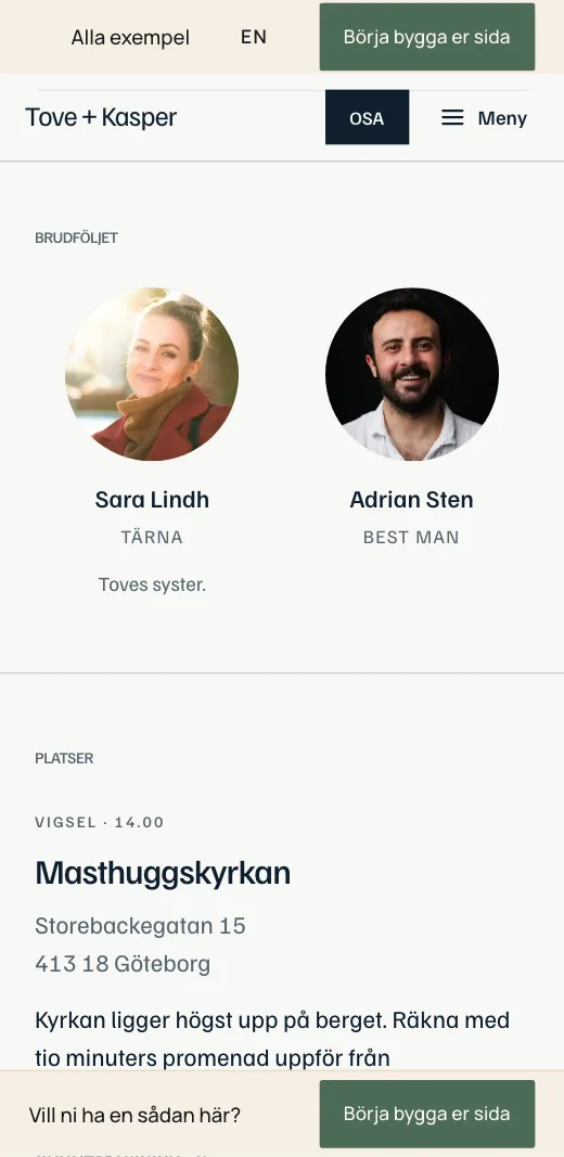 Brudföljet på Tove + Kaspers bröllopssida: Sara Lindh och Adrian Stein med foto, roll och en rad om var och en.