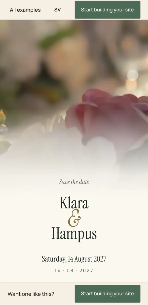 Klara & Hampus's wedding website in the Editorial style: the names large below the film, and the date.