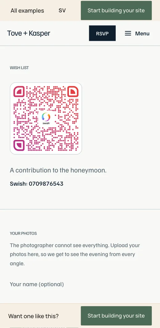 The wish list on Tove + Kasper's wedding website: a Swish QR code, the line A contribution to the honeymoon and the number below.