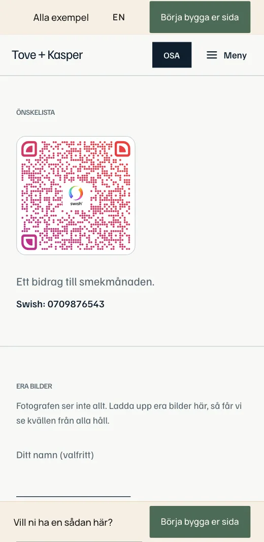 Önskelistan på Tove + Kaspers bröllopssida: en QR-kod för Swish, raden Ett bidrag till smekmånaden och numret under.