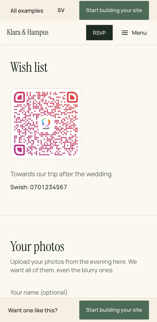 The wish list on Klara & Hampus's wedding website: a Swish QR code, a line about the gift and the number below.