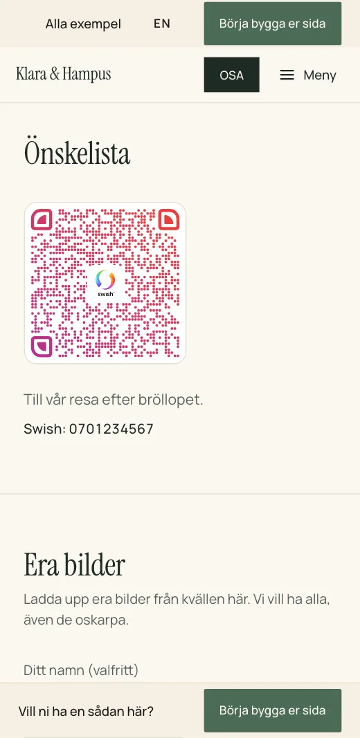 Önskelistan på Klara & Hampus bröllopssida: en QR-kod för Swish, en rad om bidraget och numret under.