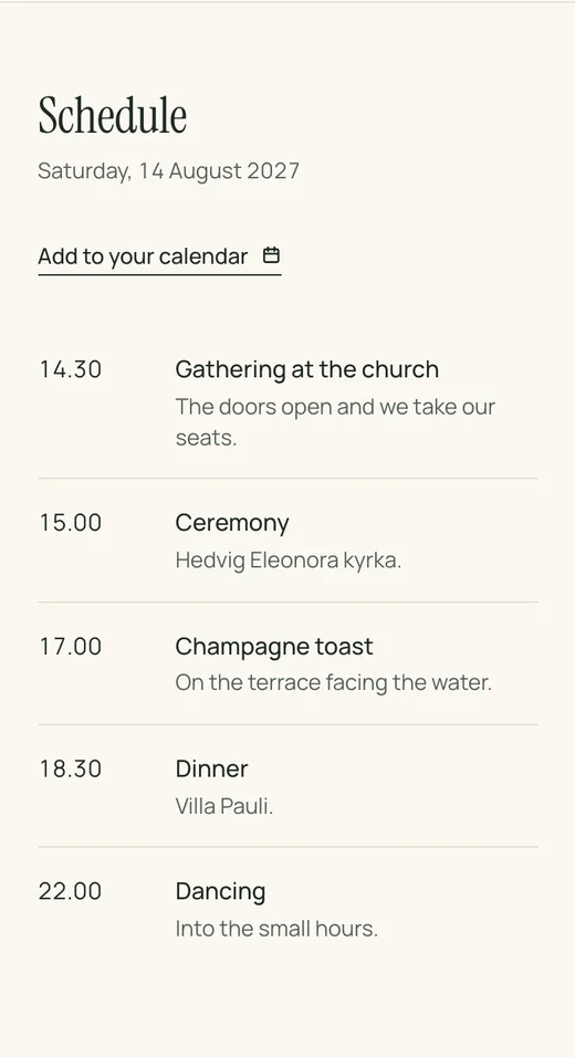 The schedule on a Lysela wedding website: times for gathering, the ceremony, the toast, dinner and dancing, with a link that adds the day to your calendar.